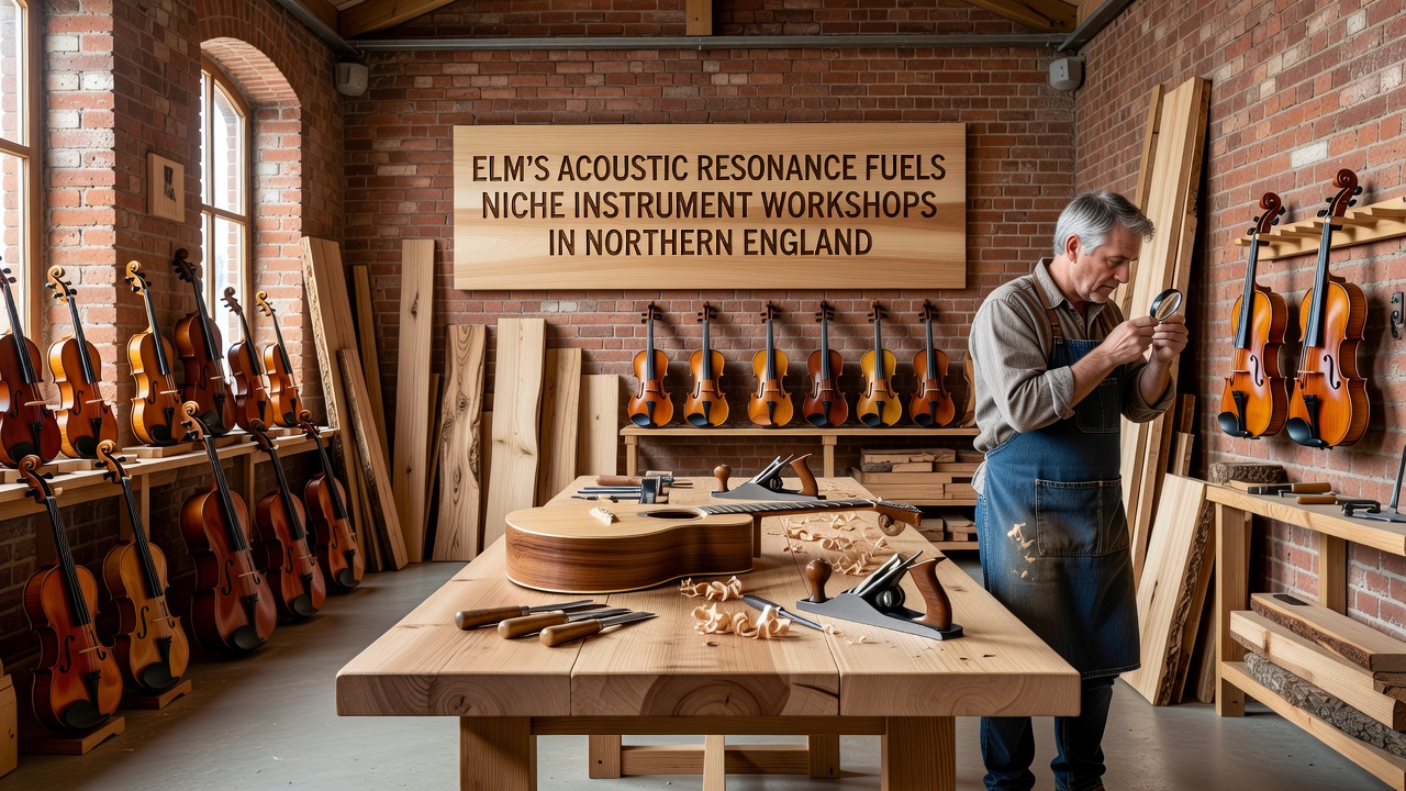 Interior view of an instrument workshop showing elm wood being shaped into guitar bodies