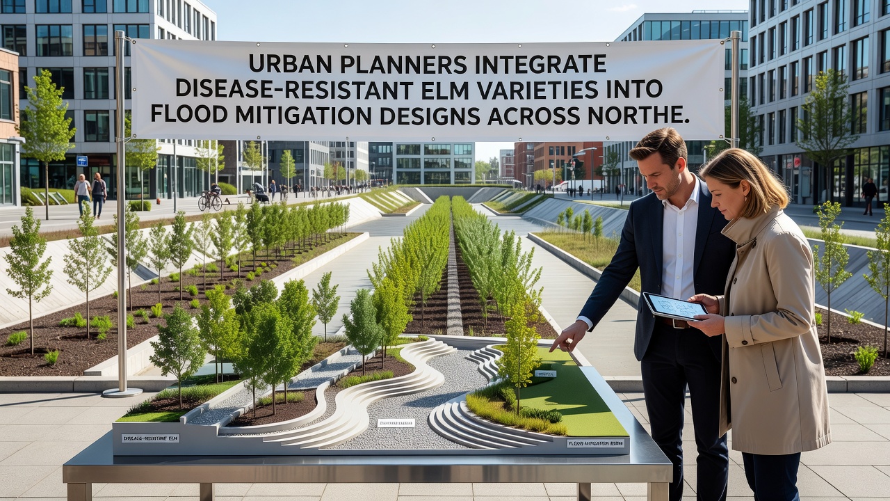 Close-up of disease-resistant elm saplings integrated into a bioswale system in a northern city flood mitigation project